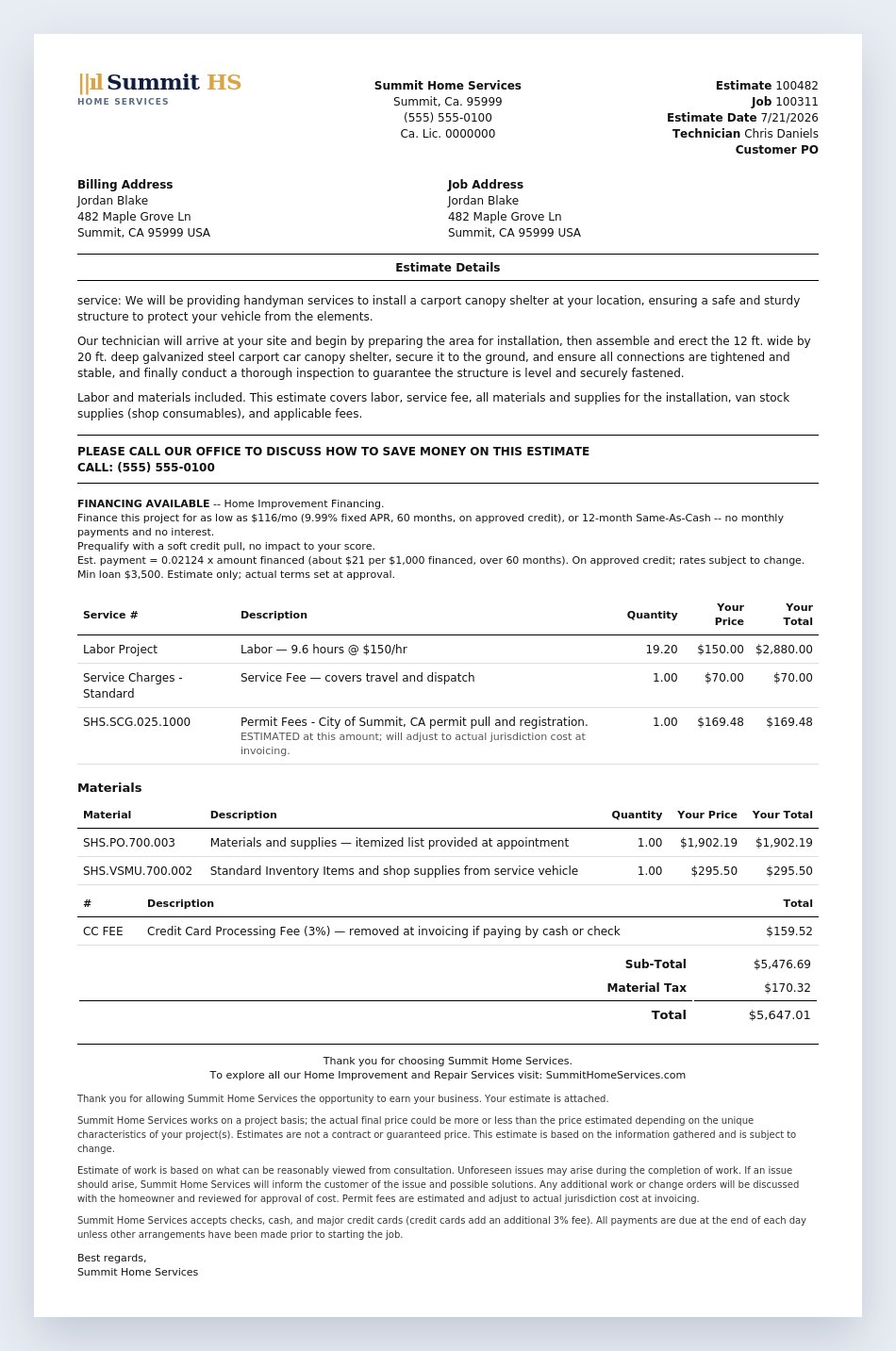 Sample estimate generated by Mark's in-field agent for Summit Home Services, showing labor, materials, a pulled permit fee, financing options, and totals.